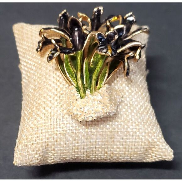 VTG Brooch Enamel Cloisonne Iris Flower Sign World Wide Imports MCM Blk/Grn Pin - Picture 5 of 14